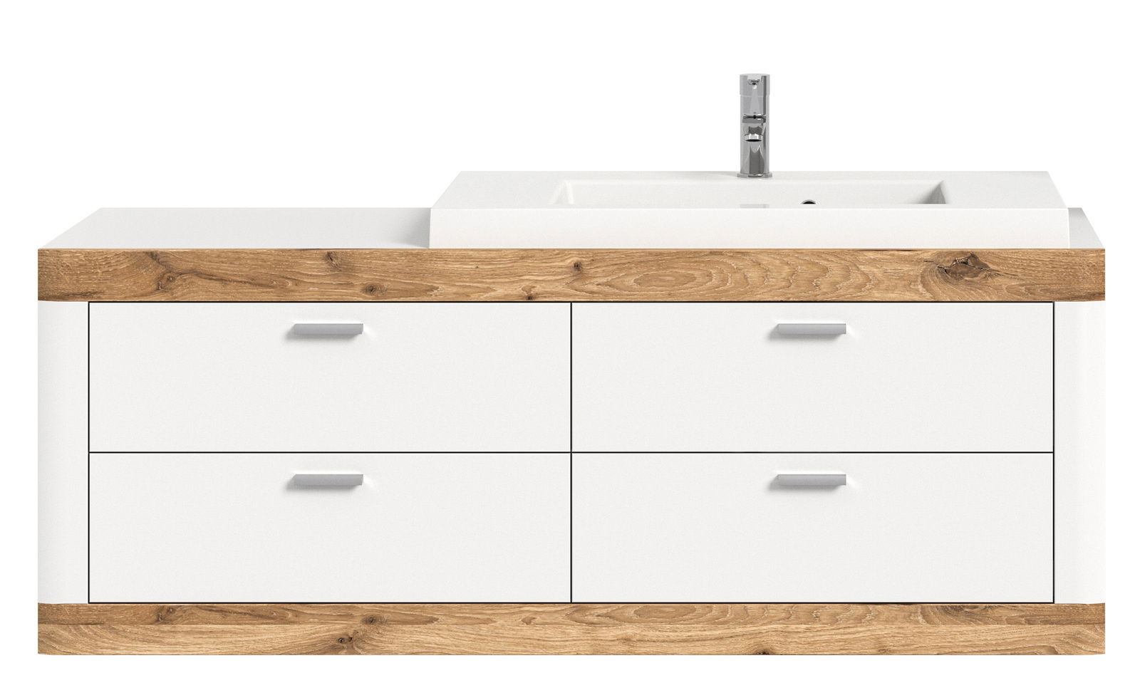 Moderner Waschbeckenunterschrank mit vier Schubladen in Weiß und Holzoptik, Frontansicht.