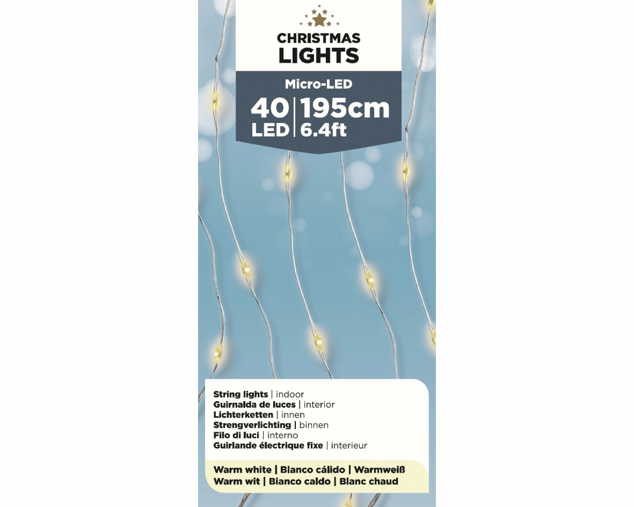 Micro LED Lichterkette mit 40 warmweißen LEDs, 195 cm lang, für den Innenbereich, Produktverpackung in Frontalansicht