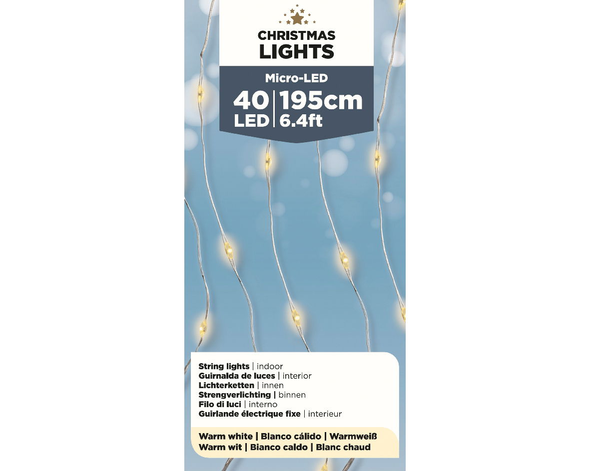 Micro LED Lichterkette mit 40 warmweißen LEDs, 195 cm lang, für den Innenbereich, Produktverpackung in Frontalansicht