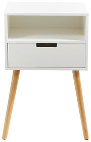 Weiße Nachtkommode mit einer Schublade und offenen Ablagefach, auf schrägen Holzbeinen, Frontalansicht