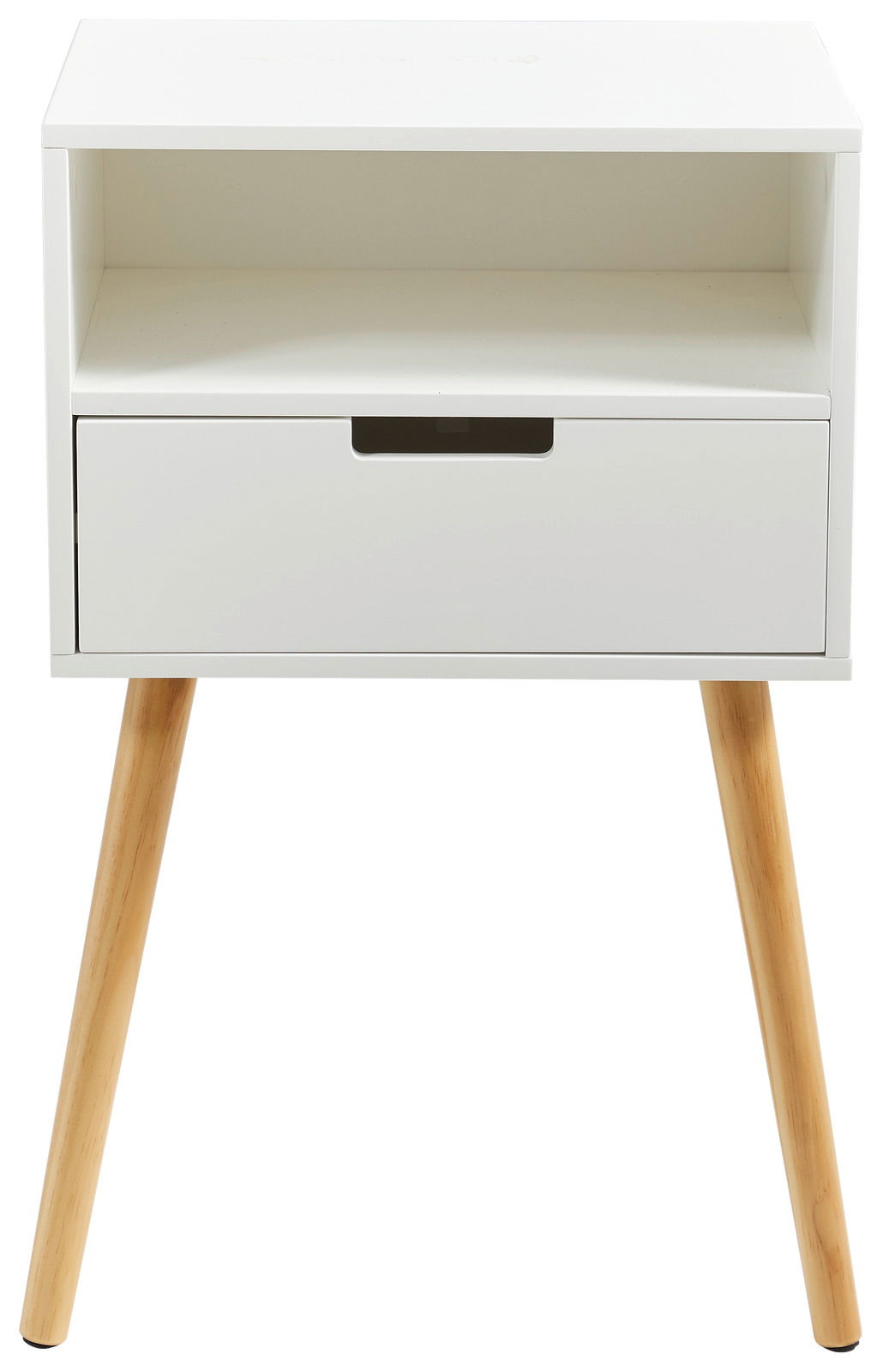 Weiße Nachtkommode mit einer Schublade und offenen Ablagefach, auf schrägen Holzbeinen, Frontalansicht