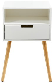 Weiße Nachtkommode mit einer Schublade und offenen Ablagefach, auf schrägen Holzbeinen, Frontalansicht