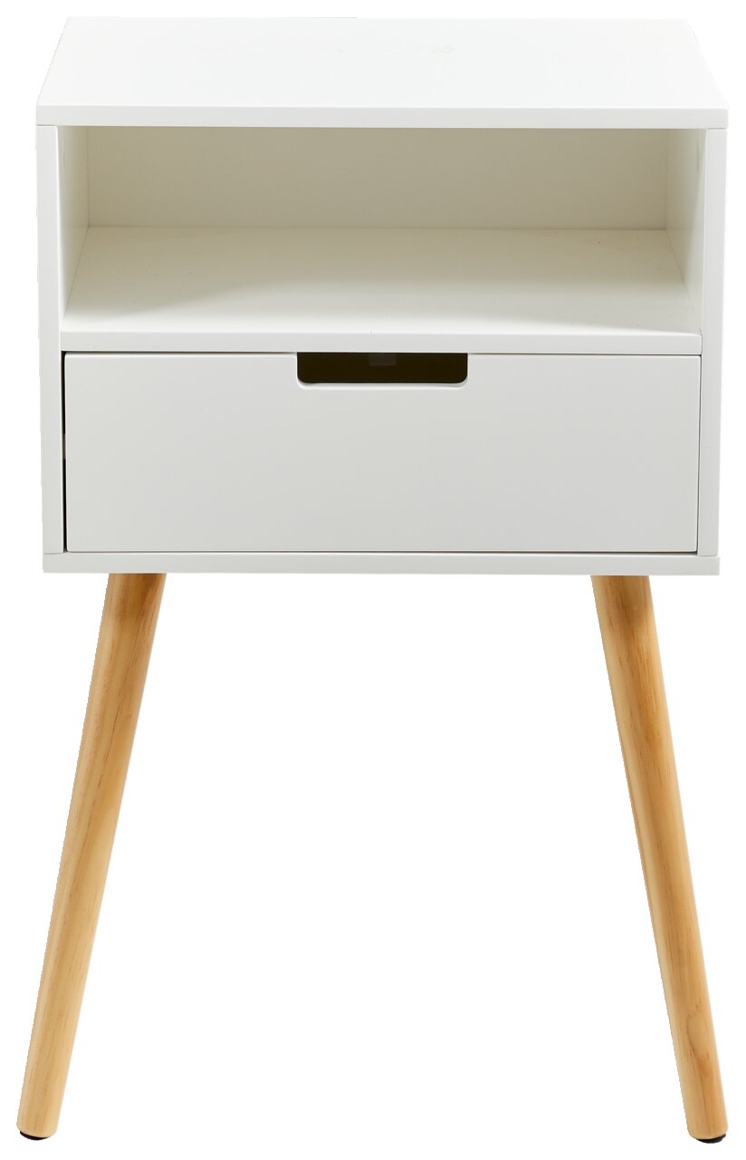 Weiße Nachtkommode mit einer Schublade und offenen Ablagefach, auf schrägen Holzbeinen, Frontalansicht
