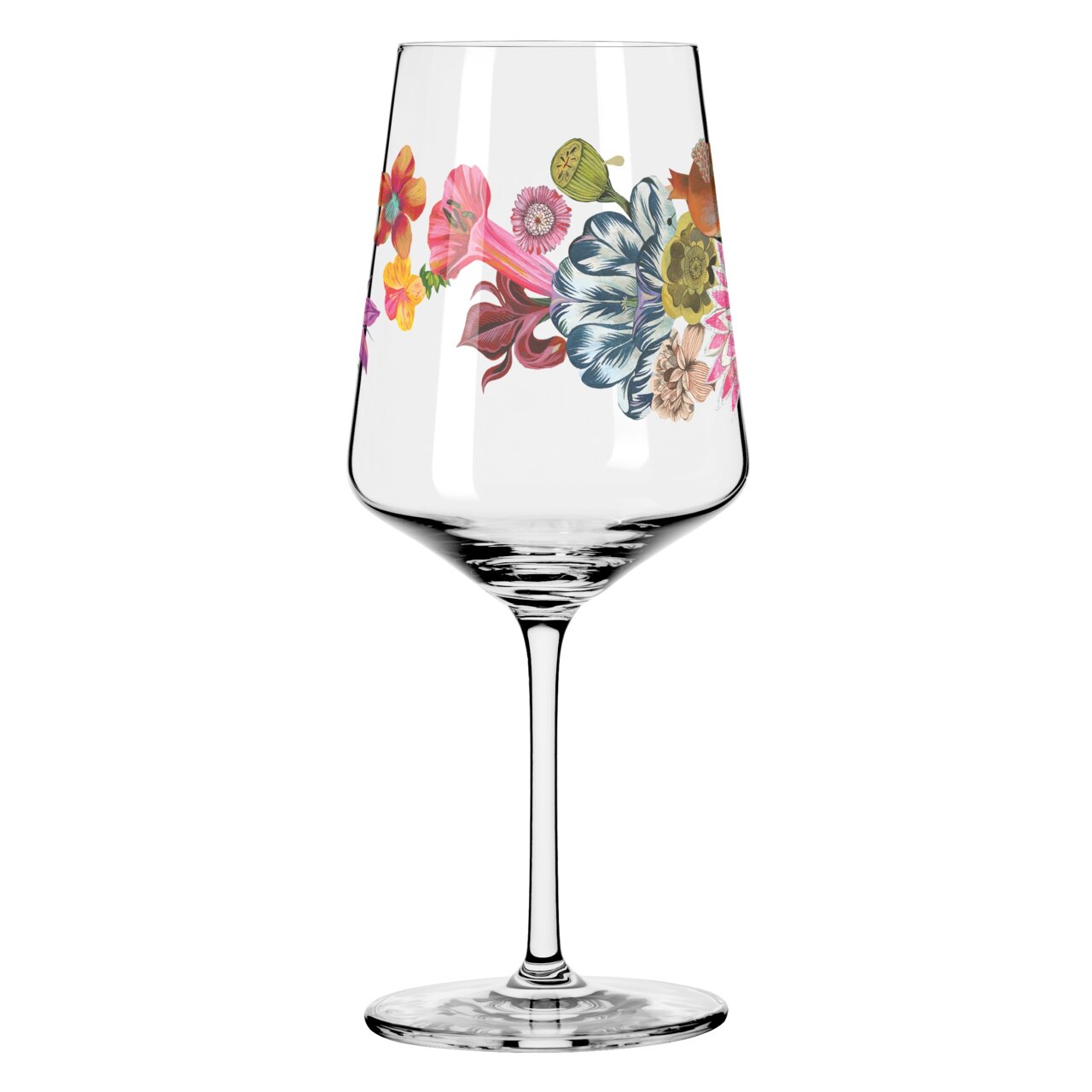 Weinglas mit buntem Blumenmuster, seitliche Perspektive