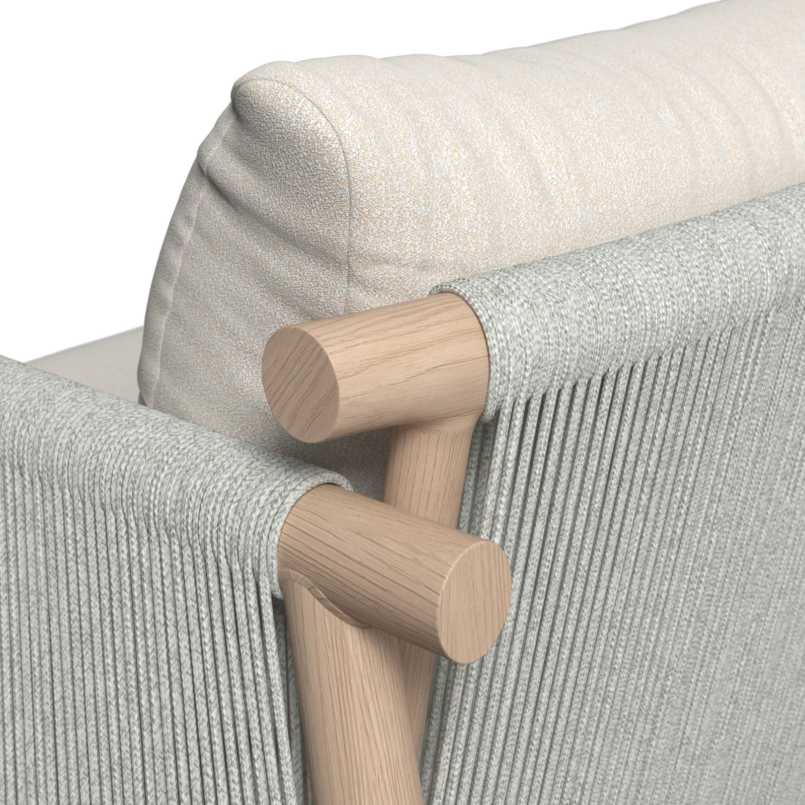 Detailansicht einer Loungegarnitur mit hellem Polster und Holzrahmen, seitliche Perspektive.