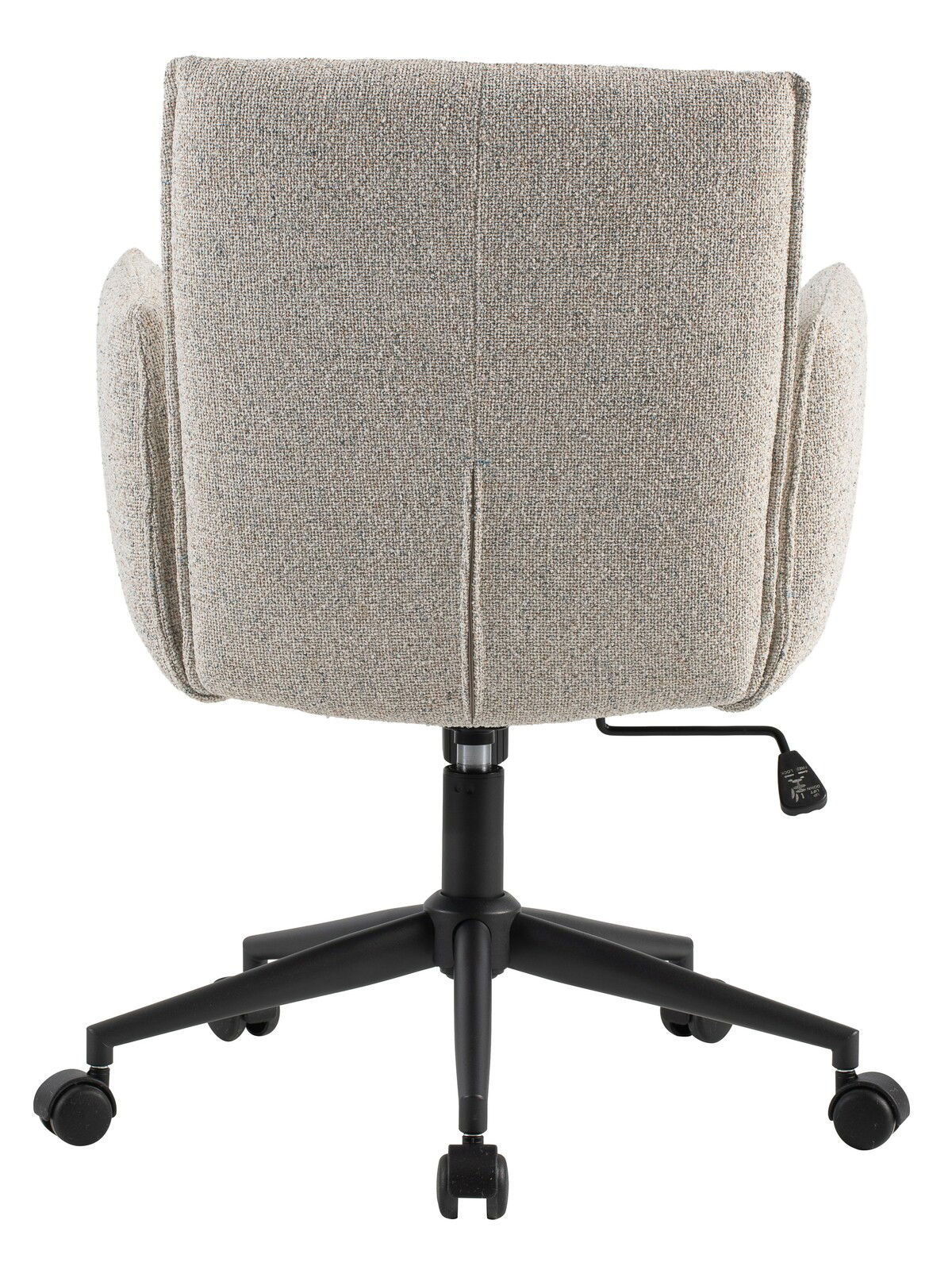 Rückansicht eines grauen Drehstuhls mit gepolsterter Rückenlehne und Armlehnen, auf einem schwarzen, rollbaren Fußgestell.