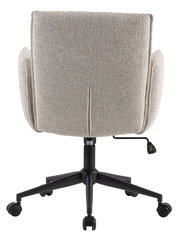 Rückansicht eines grauen Drehstuhls mit gepolsterter Rückenlehne und Armlehnen, auf einem schwarzen, rollbaren Fußgestell.