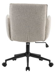 Rückansicht eines grauen Drehstuhls mit gepolsterter Rückenlehne und Armlehnen, auf einem schwarzen, rollbaren Fußgestell.