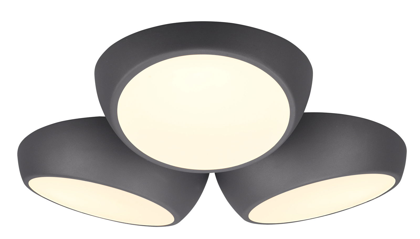 Dreifache LED-Deckenleuchte Bubbles in dunklem Gehäuse, von unten betrachtet.