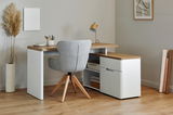 Moderner Eck-Schreibtisch aus Holz und Weiß mit Schubladen und Regalfach, seitliche Perspektive