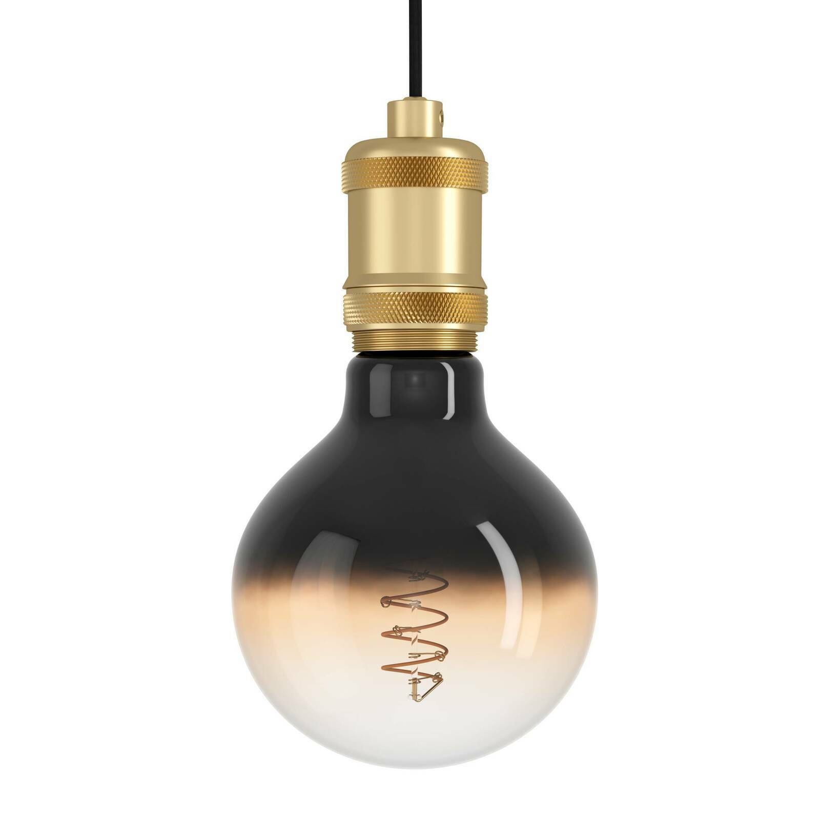 Nahaufnahme einer Pendelleuchte mit goldener Fassung und schwarz-goldenem Glühbirnendesign, von vorne betrachtet.