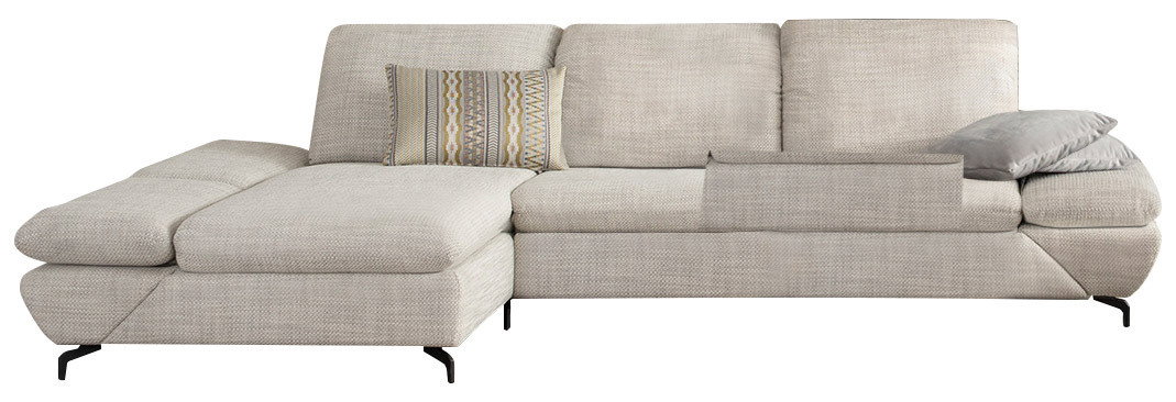 Beige Longchairkombination mit modernem Design, linke Perspektive, dekoriert mit gemustertem Kissen und zwei grauen Kissen.