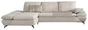 Beige longchair-set met een modern ontwerp, gezien vanaf de linkerkant, versierd met een kussen met patroon en twee grijze kussens.