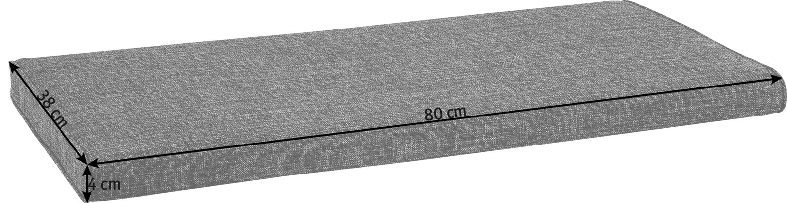 Graues rechteckiges Sitzkissen mit strukturierter Oberfläche, Maße 80 × 38 × 4 cm, in schräger Perspektive von oben dargestellt