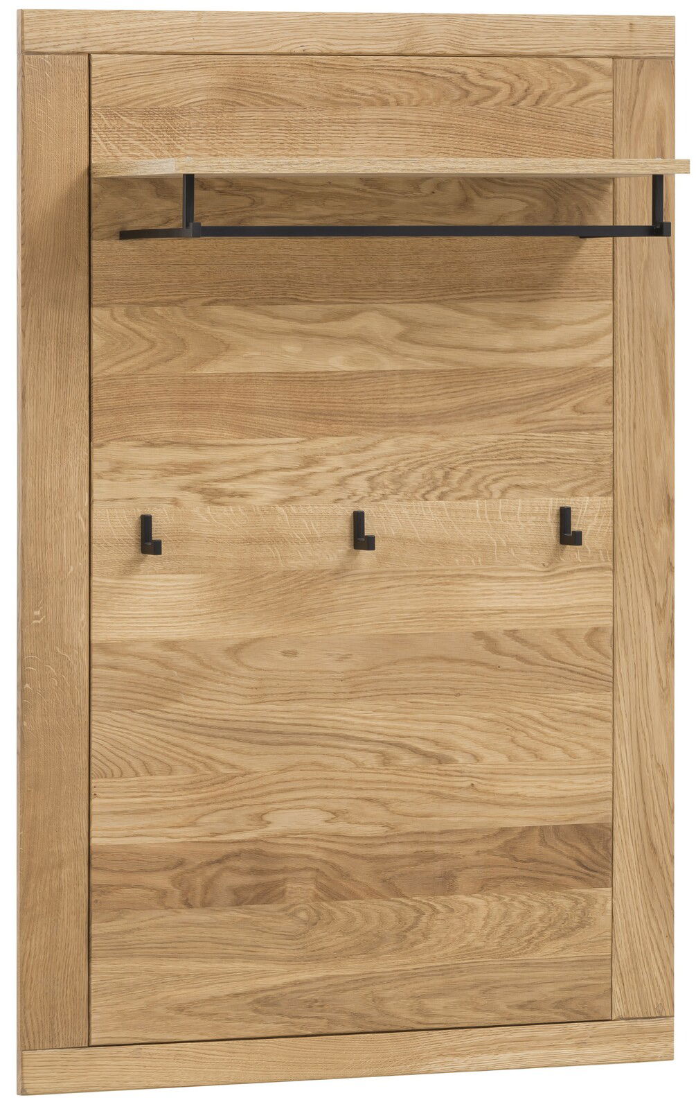 Linea Natura XL-Garderobenpaneel GRETA Frontale Ansicht eines XL-Garderobenpaneels aus Holz mit drei schwarzen Haken und einer Ablage.