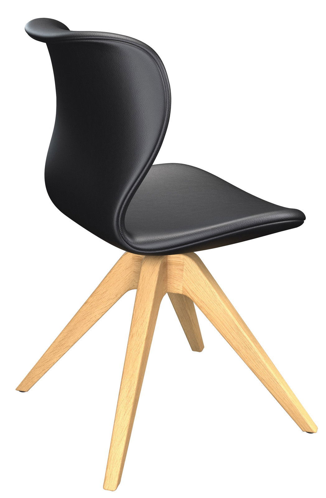 Moderner Stuhl mit schwarzem Sitz und Rückenlehne aus Kunststoff, auf einem stabilen Holzgestell. Perspektive von schräg hinten.