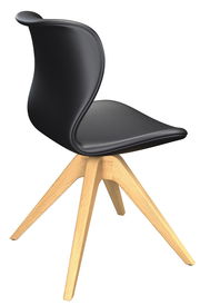 Moderner Stuhl mit schwarzem Sitz und Rückenlehne aus Kunststoff, auf einem stabilen Holzgestell. Perspektive von schräg hinten.