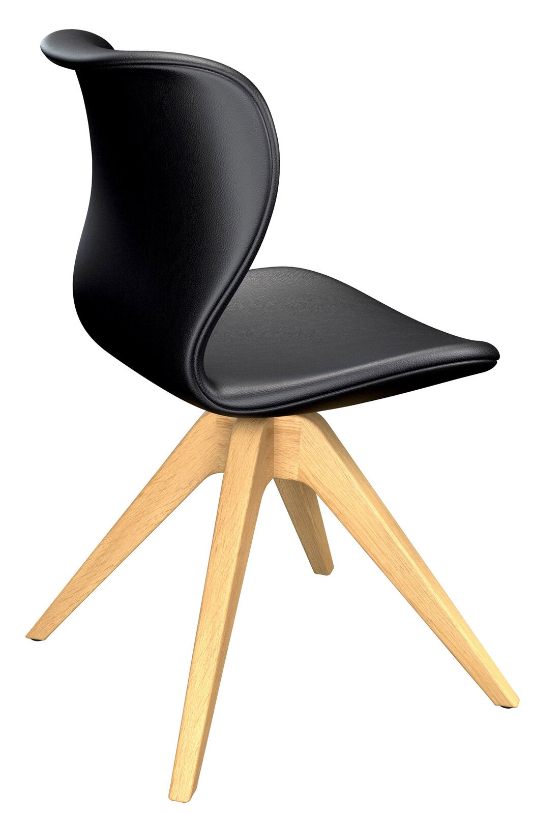 Moderner Stuhl mit schwarzem Sitz und Rückenlehne aus Kunststoff, auf einem stabilen Holzgestell. Perspektive von schräg hinten.