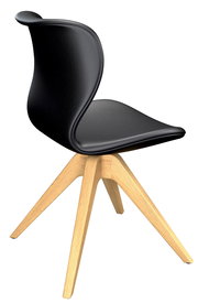 Moderner Stuhl mit schwarzem Sitz und Rückenlehne aus Kunststoff, auf einem stabilen Holzgestell. Perspektive von schräg hinten.