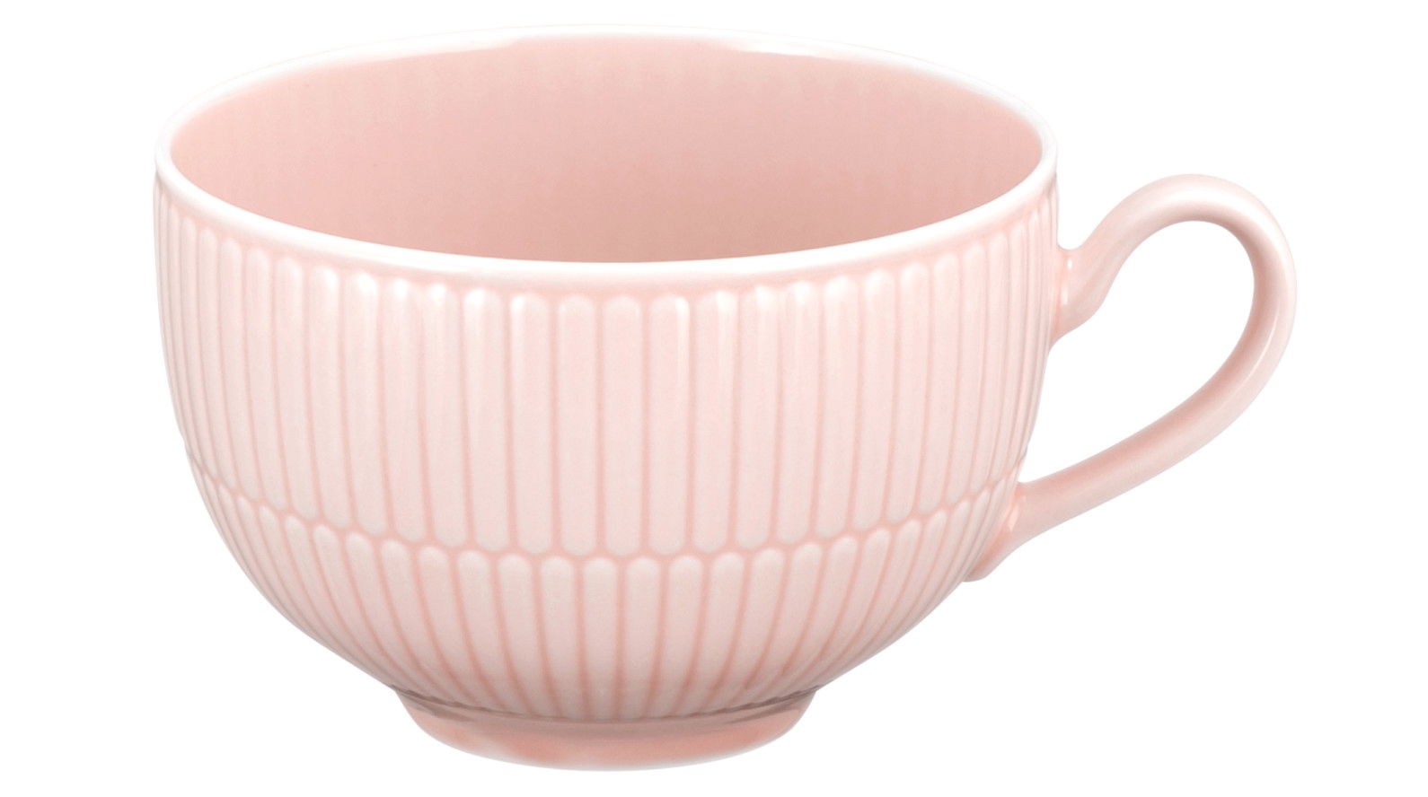 Rosa Milchkaffeetasse mit geriffeltem Design, seitliche Perspektive