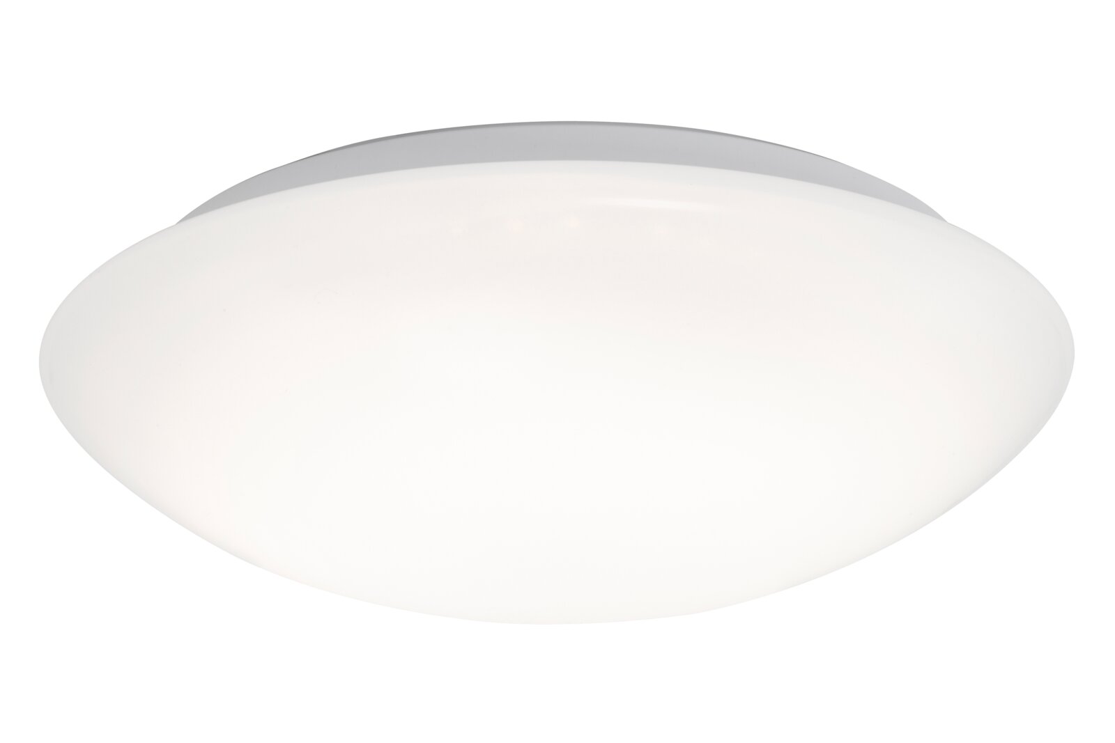 Briloner LED-plafondlamp ELIPSO Witte ronde plafondlamp met opaal diffuser, productfoto in licht schuin zijaanzicht van onderen op witte achtergrond