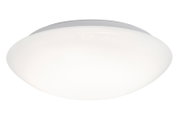 Witte ronde plafondlamp met opaal diffuser, productfoto in licht schuin zijaanzicht van onderen op witte achtergrond