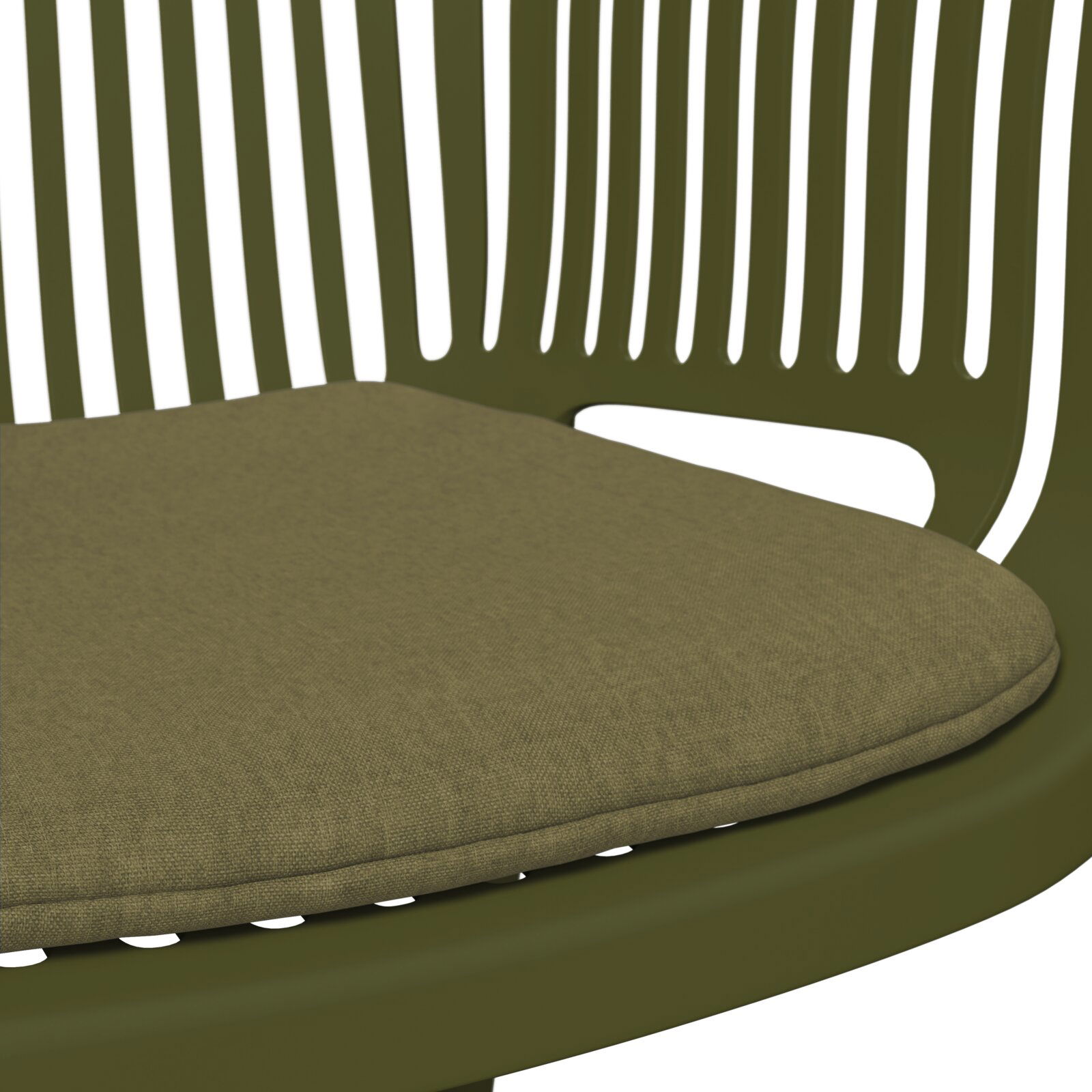 Nahaufnahme eines grünen Stapelsessels mit gepolstertem Sitzkissen, seitliche Perspektive