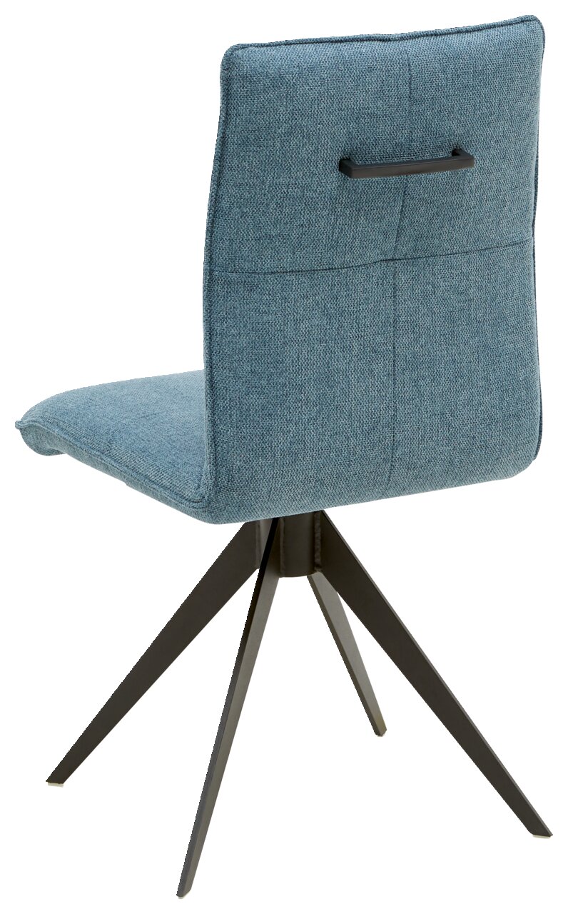 Achterkant van een moderne blauwe stoel met een zwart metalen frame en een handgreep aan de rugleuning
