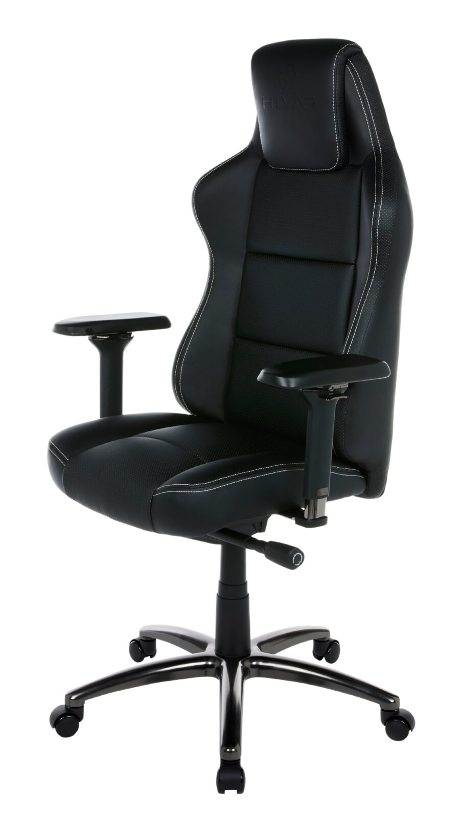 Schwarzer HIVAR Gaming Stuhl EQLIPSE mit ergonomischem Design, verstellbaren Armlehnen und stabiler Basis, seitliche Perspektive