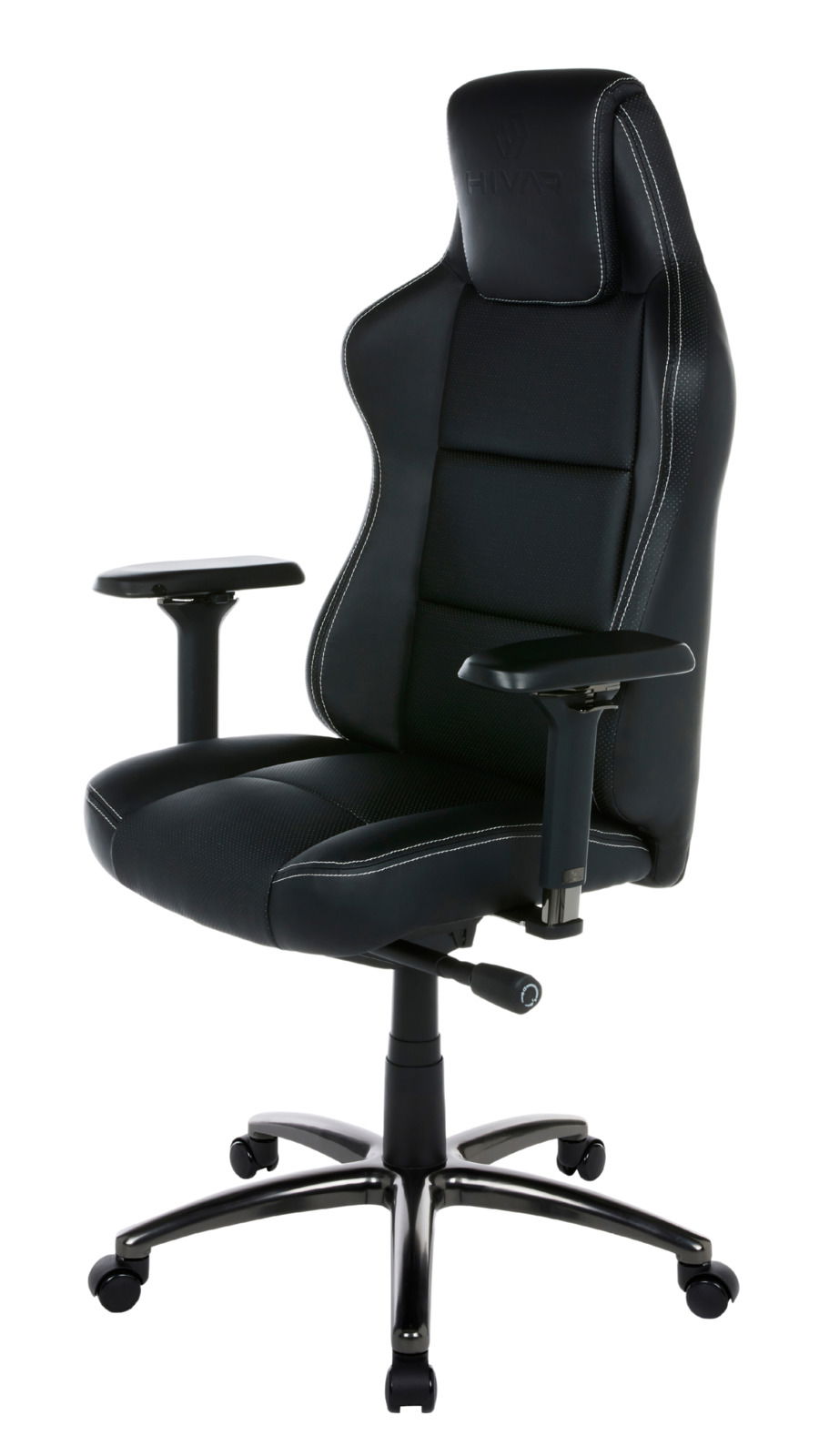 Schwarzer HIVAR Gaming Stuhl EQLIPSE mit ergonomischem Design, verstellbaren Armlehnen und stabiler Basis, seitliche Perspektive