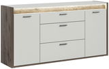 Modernes Sideboard mit Holzoptik und weißen Fronten, seitliche Perspektive