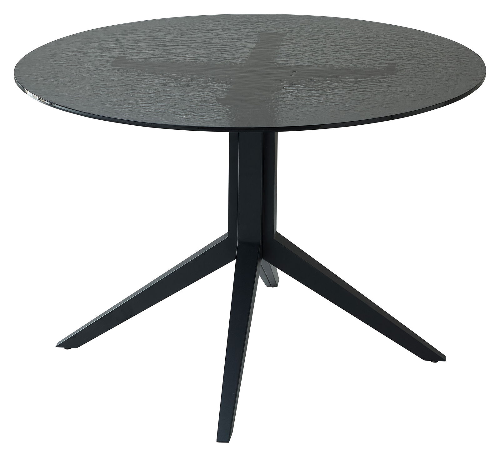 Runder Esstisch mit schwarzer Glasplatte und stabilem Metallgestell, seitliche Perspektive