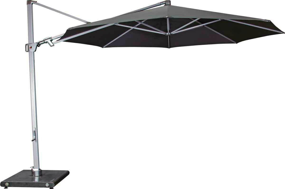 Schwarzer Pendelschirm mit seitlichem Standfuß, seitliche Perspektive