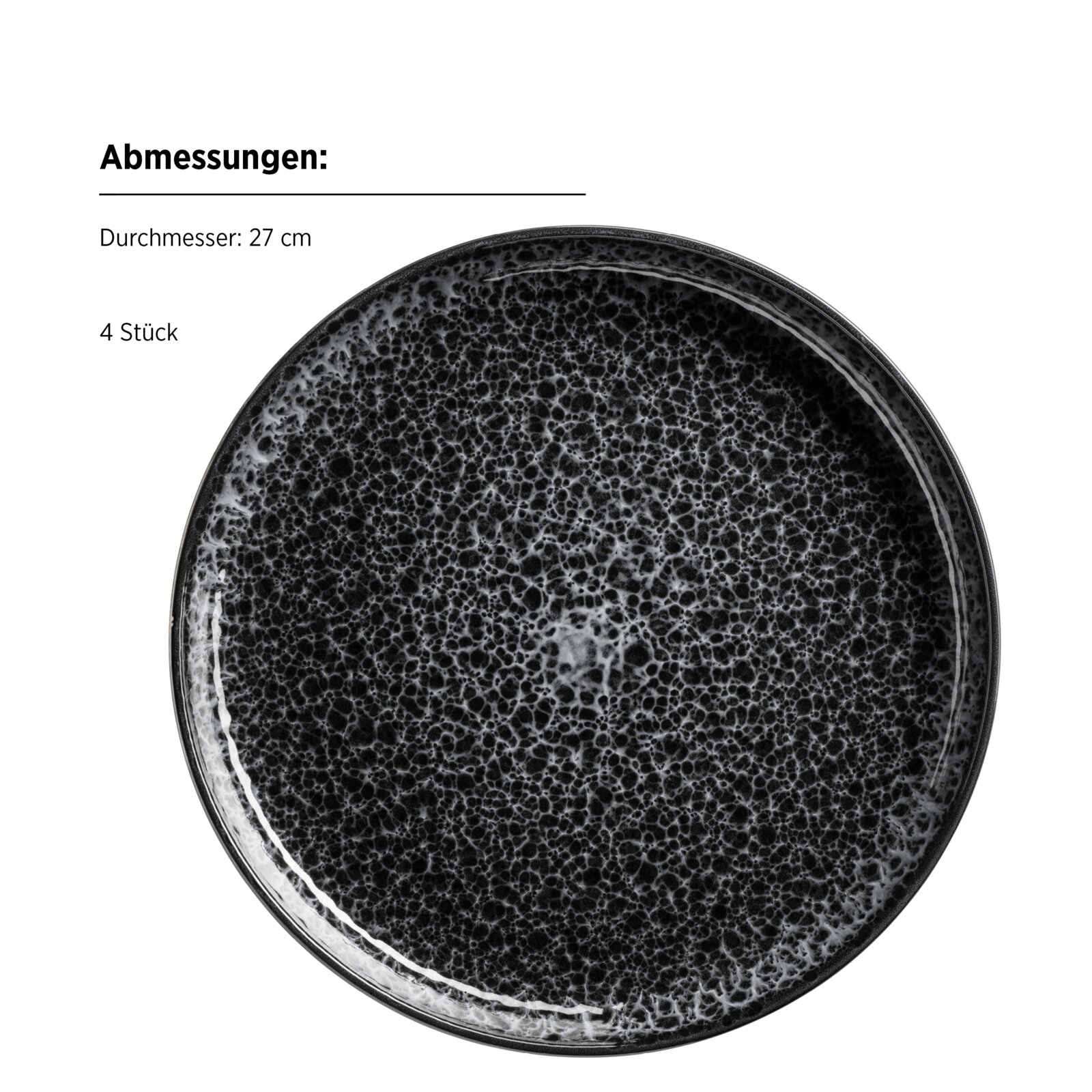 Runder schwarzer Speiseteller mit gesprenkelter Glasur, Durchmesser 27 cm, im Set zu 4 Stück, Draufsicht von oben auf weißem Hintergrund.