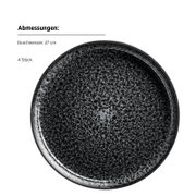 Runder schwarzer Speiseteller mit gesprenkelter Glasur, Durchmesser 27 cm, im Set zu 4 Stück, Draufsicht von oben auf weißem Hintergrund.