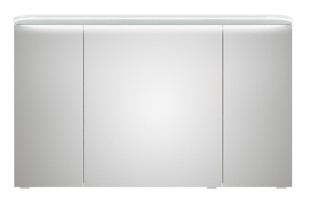 Moderner Spiegelschrank mit drei Türen und integrierter Beleuchtung, Frontalansicht.