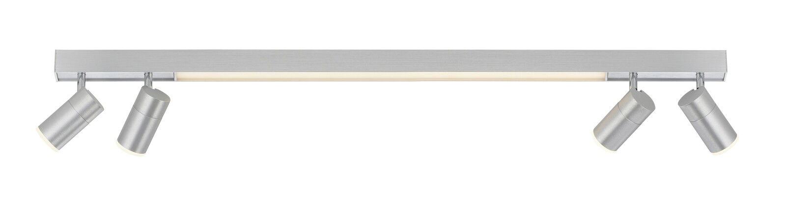Moderne Deckenleuchte PURE-LINES von Paul Neuhaus mit vier verstellbaren Strahlern in silberner Optik, seitliche Perspektive.