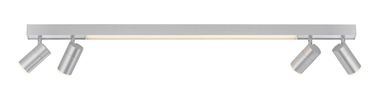 Moderne Deckenleuchte PURE-LINES von Paul Neuhaus mit vier verstellbaren Strahlern in silberner Optik, seitliche Perspektive.