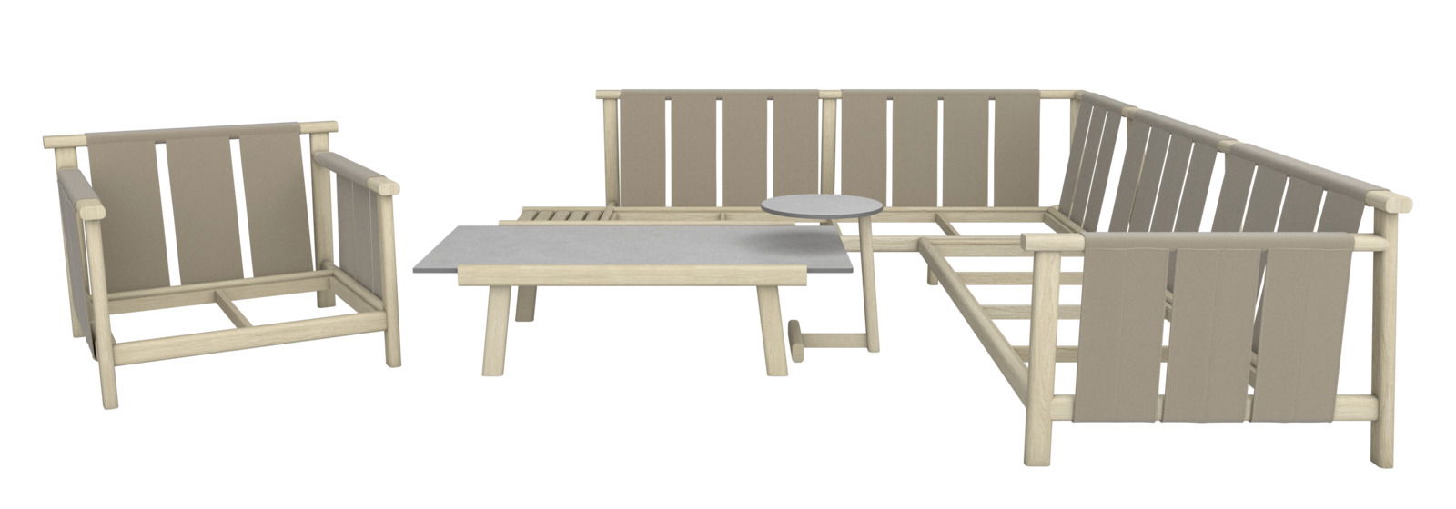 Loungeeckgarnitur aus Holz mit beigen Polstern, bestehend aus einem Ecksofa, einem Sessel und zwei Tischen, frontal betrachtet.