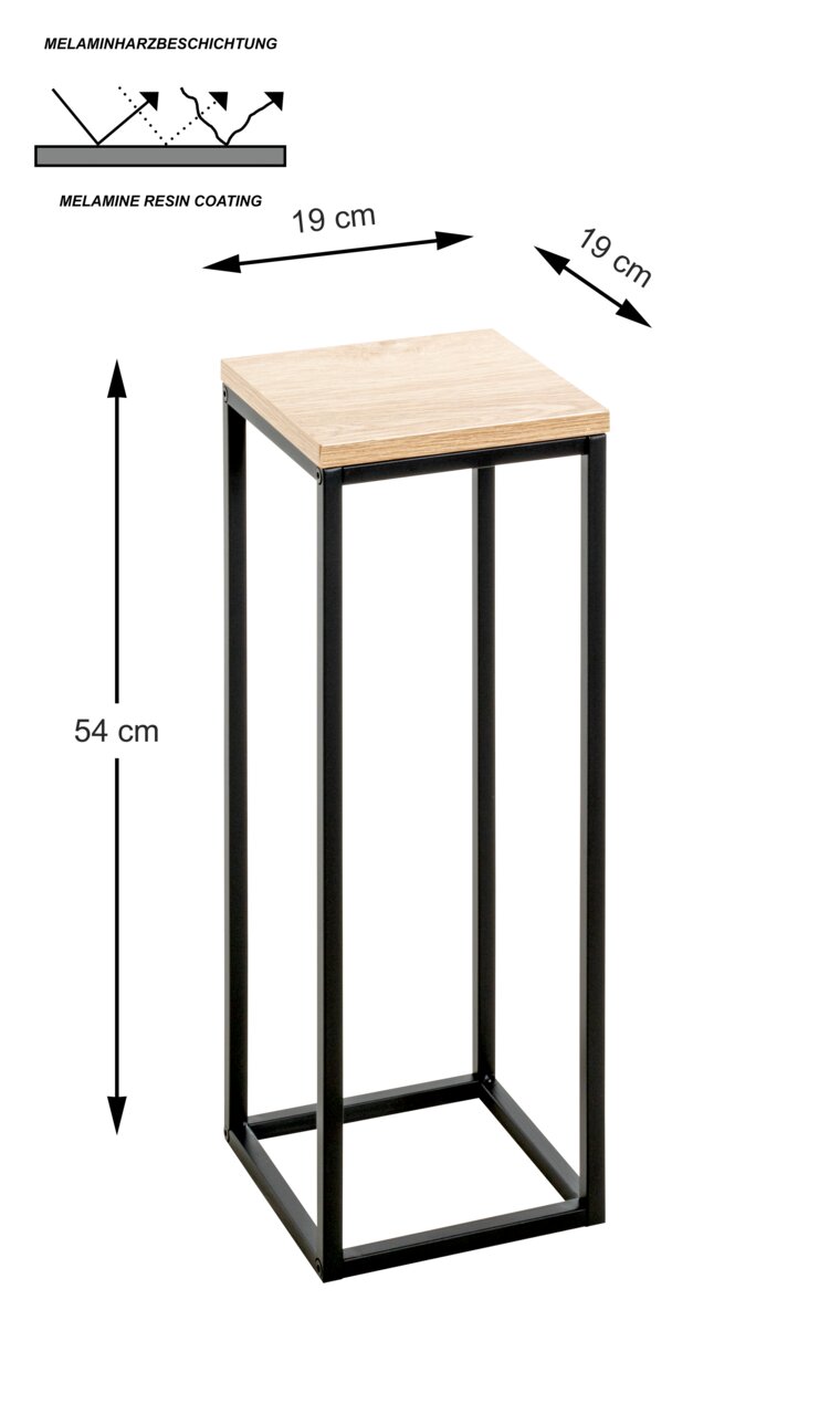 Moderner Beistelltisch mit quadratischer Holzplatte und schwarzem Metallgestell, seitliche Perspektive