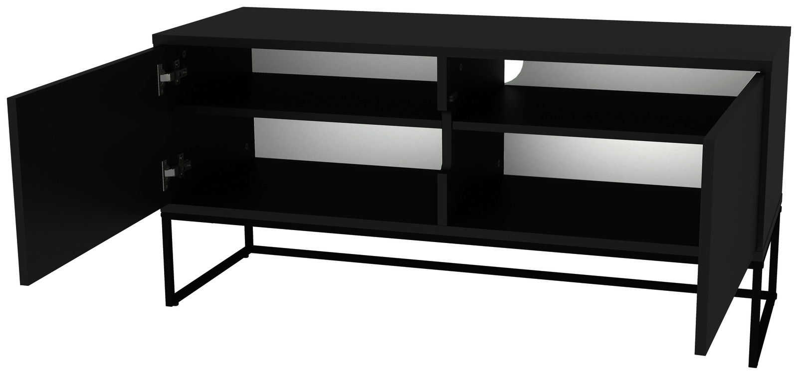Schwarzes TV-Lowboard mit offenen Türen und Regalfächern, seitliche Perspektive
