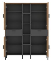 Frontale Ansicht eines Highboards mit offenen Türen, mehreren Regalfächern und zwei Schubladen in modernem Design.