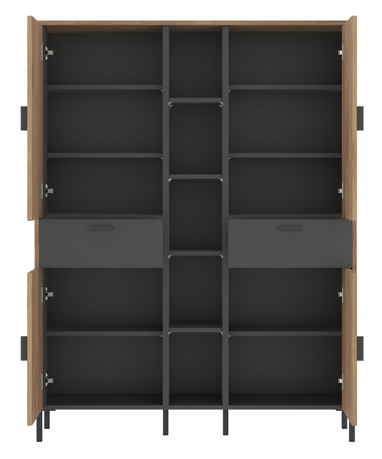 Frontale Ansicht eines Highboards mit offenen Türen, mehreren Regalfächern und zwei Schubladen in modernem Design.