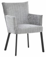 Grauer Armlehnstuhl mit Stoffbezug und schwarzen Metallbeinen, seitliche Perspektive