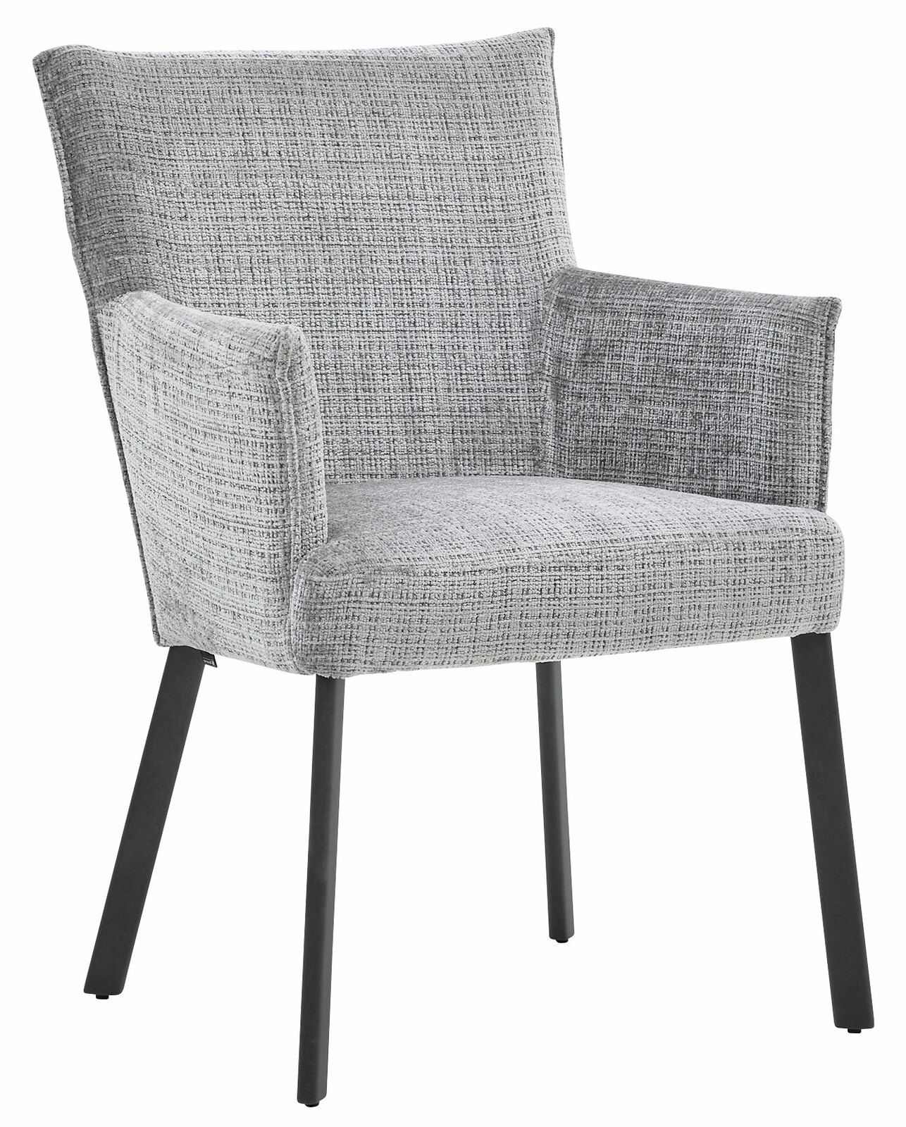 Grauer Armlehnstuhl mit Stoffbezug und schwarzen Metallbeinen, seitliche Perspektive