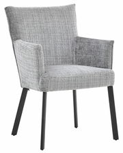 Grauer Armlehnstuhl mit Stoffbezug und schwarzen Metallbeinen, seitliche Perspektive