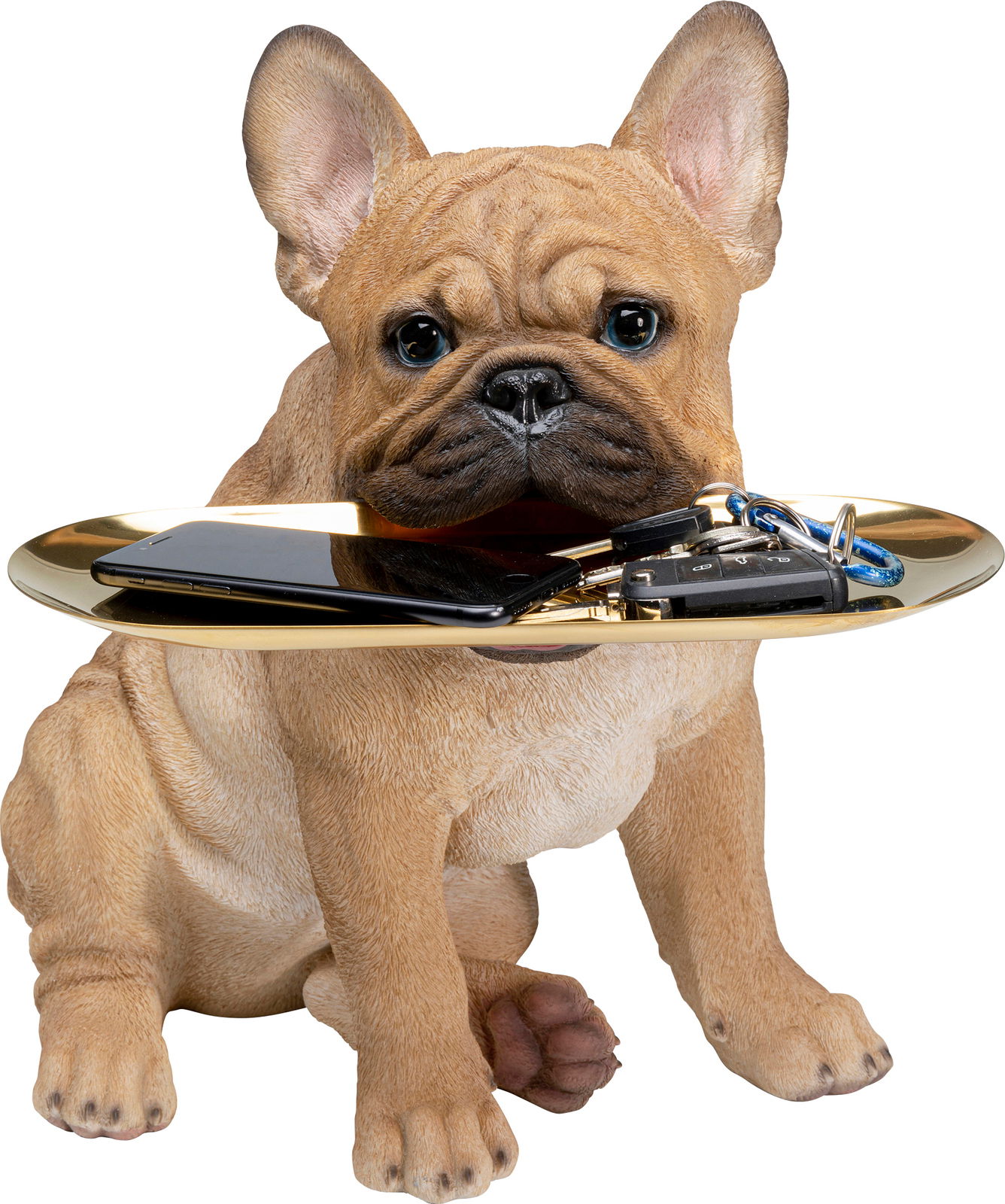 Deko-Figur eines sitzenden Bulldoggen-Butlers mit einem goldenen Tablett im Maul, darauf liegen Schlüssel und ein Smartphone. Frontalansicht.