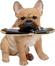 Deko-Figur eines sitzenden Bulldoggen-Butlers mit einem goldenen Tablett im Maul, darauf liegen Schlüssel und ein Smartphone. Frontalansicht.