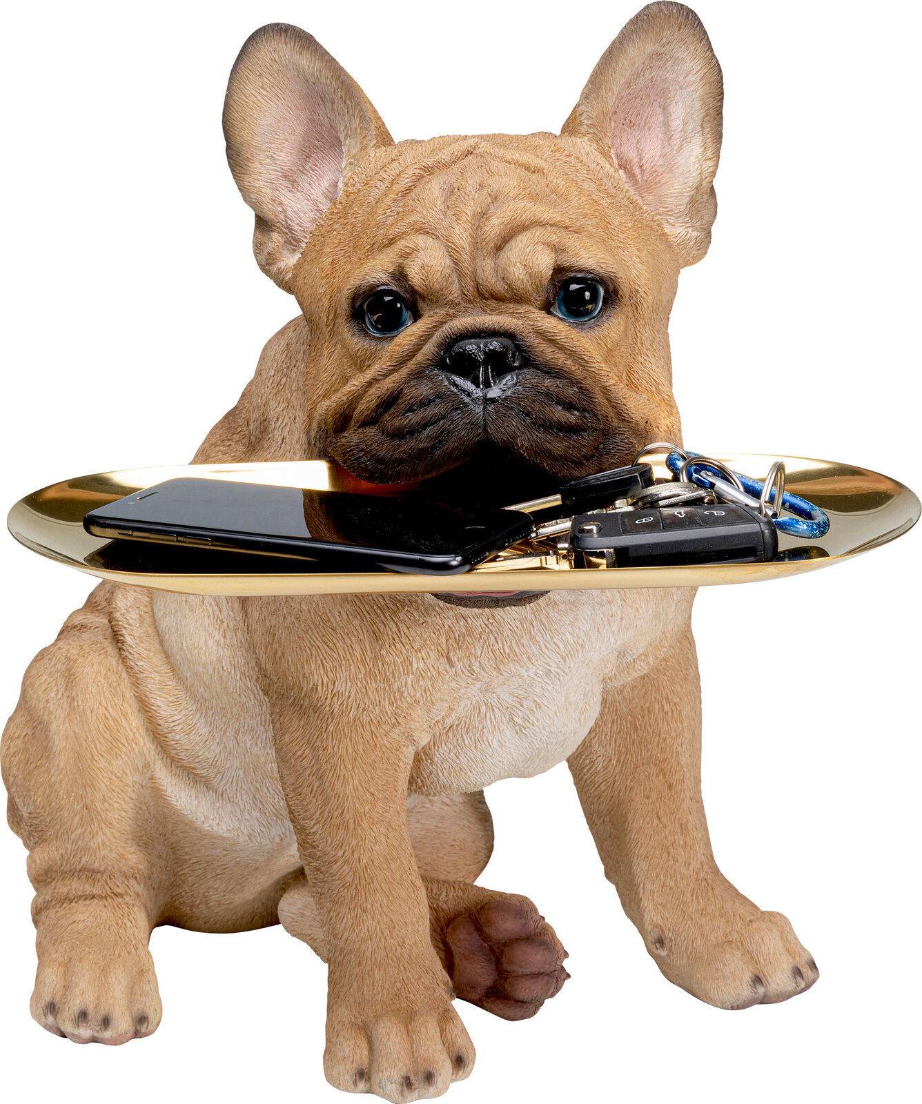 Deko-Figur eines sitzenden Bulldoggen-Butlers mit einem goldenen Tablett im Maul, darauf liegen Schlüssel und ein Smartphone. Frontalansicht.