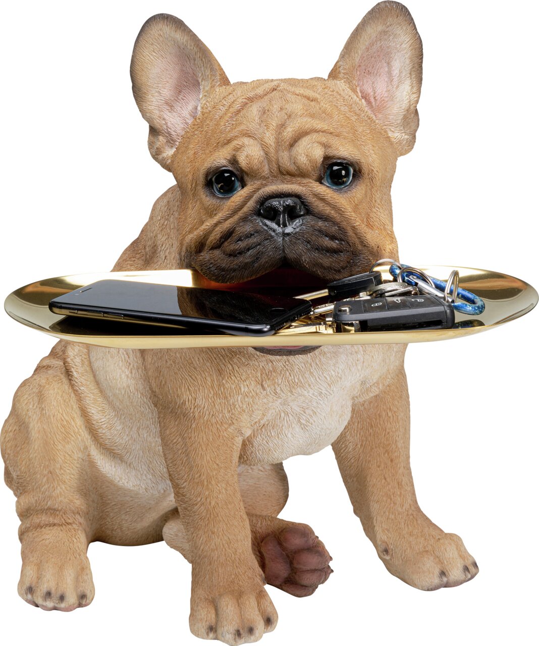 Deko-Figur eines sitzenden Bulldoggen-Butlers mit einem goldenen Tablett im Maul, darauf liegen Schlüssel und ein Smartphone. Frontalansicht.
